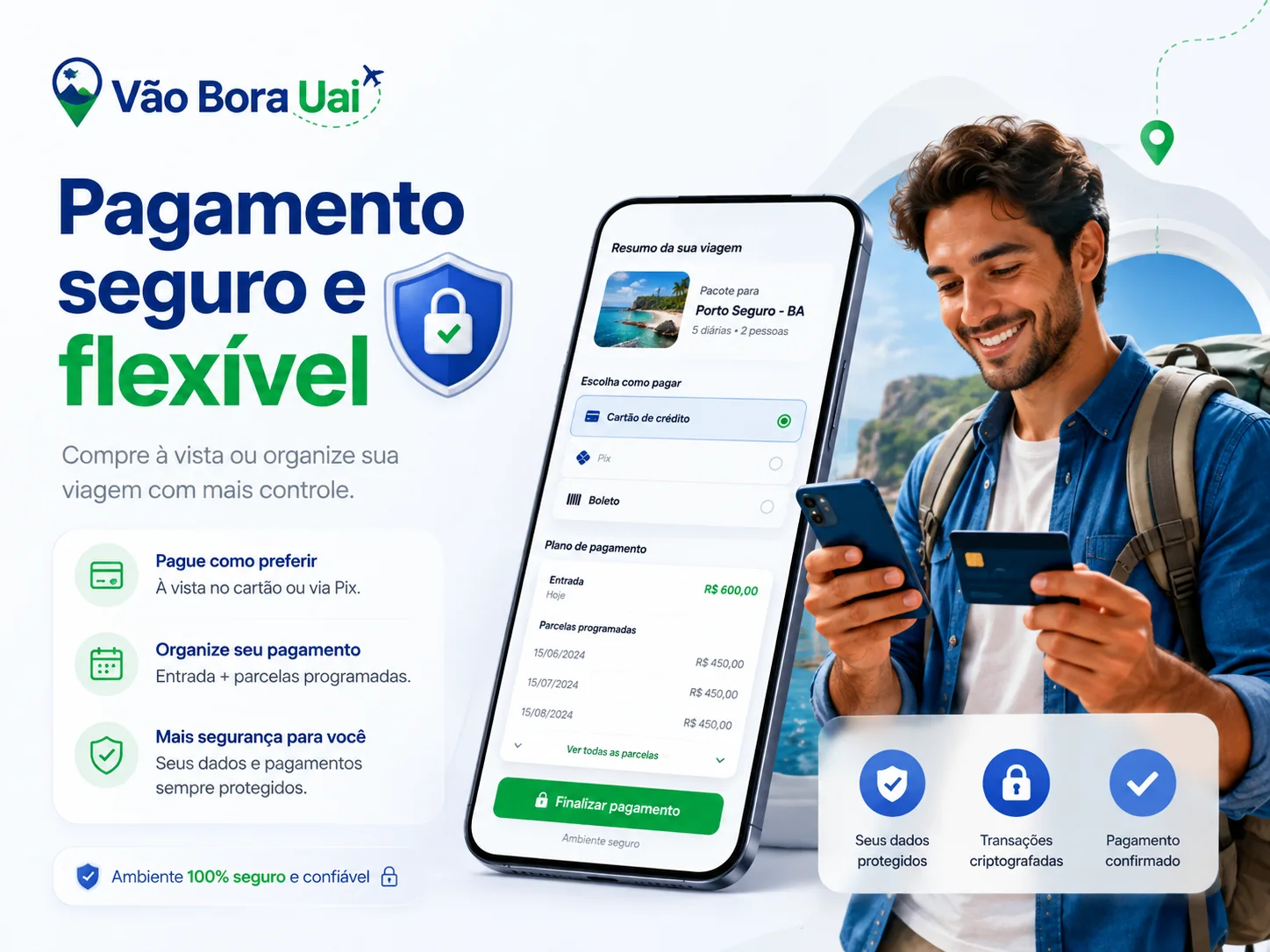 Pagamento seguro e flexível para sua viagem